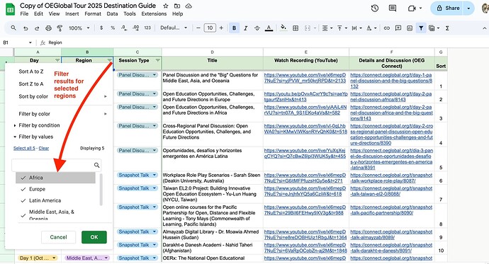 Spreadsheet showing the link to filter the Region Column to display only rows with values such as Africa, Latin America, etc