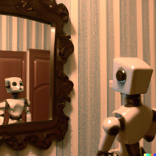 DALL·E generated image from prompt --A robot in  a dimly lit room admires themselves in a mirror artistic style