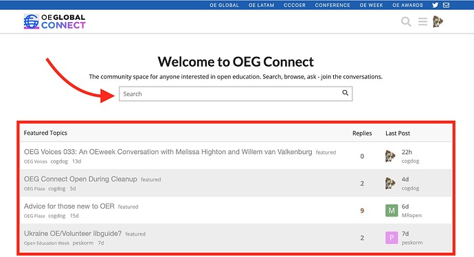 OEG Front page, top has a search followed by featured topics