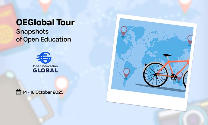 OEGlobal Tour colorful graphic of a polaroid style photo of a bicycle atop a world map with pinned destinations.