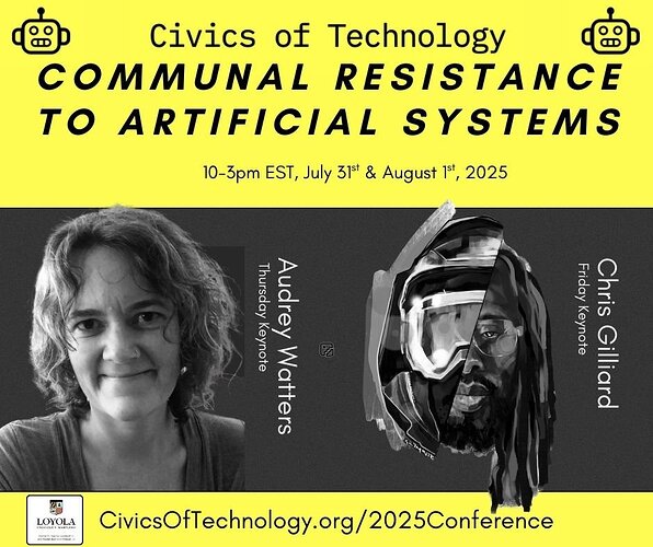 Civics of Technology event poster featuring images of the featured speakers.