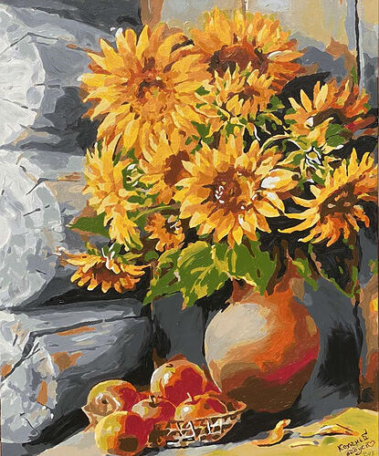 Watercolor painting of a bunch of bright yellow sunflowers in a case, a basket of apples, resting against the edge of a log structure