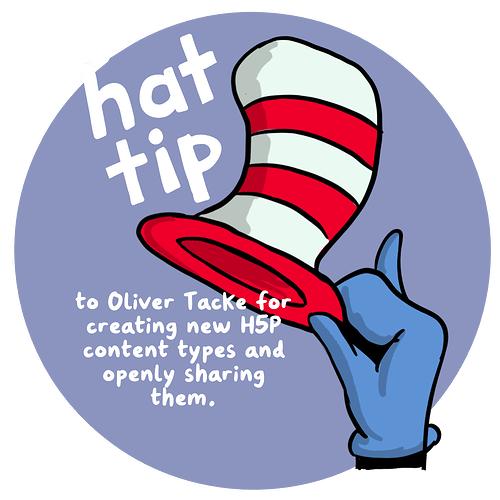 cartoon blue hand holding a red and white striped hat, labeled "Hat Tip to Oliver Tacke for creating new H5P content types and openly sharing them"