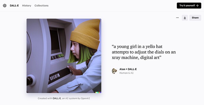 DALL-E Generated Image from prompt- a young girl in a yello hat attempts to adjust the dials on an xray machine, digital art