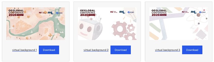 Preview of 3 OEGlobal 2026 graphic designs made for use in Zoom as background images.