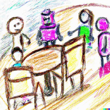 DALL·E 2023-01-30 13.21.24 - An oil pastel drawing of a diverse group of 5 educators gathered in active discussion around a worktable plus include a robot leader