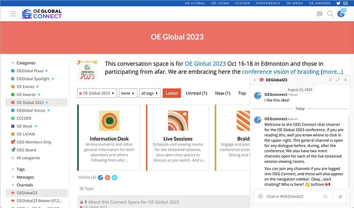 OEGlobal 2023 space here showing an open chat channel in the bottom right