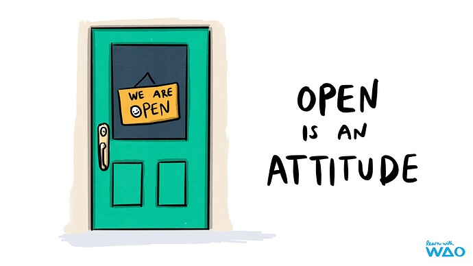 Graphic image if a green door with a sign reading We are Open, large hand drawn text to the right reads, Open is an Attitude