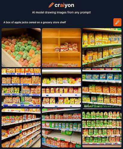 Another set of 9 craiyon generated images mostly blurry boxes of items on a shelf from the prompt A box of apple jacks cereal on a grocery store shelf