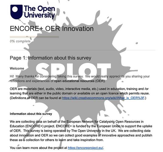 Front page of ENCORE+ OER Innovation survey covered in a grey splotch with the letters SPLOT