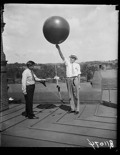 Men with weather balloon on roof of U.S. Weather Bureau building, Washington, D.C.