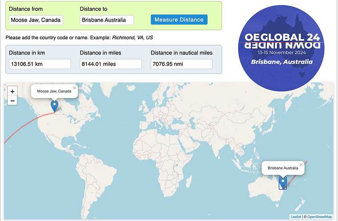 Web calculator for map distance with entries of Distance From Moose Jaw, Canada and Distance to Brisbane Australia. Results display indicare 16,106.51 kilometers or 8144.01 miles. The distance is also shown as a red arcing line on a world map