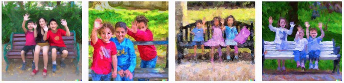DALL•E generated image based on prompt- An impressionist painting of 3 small children waving hello from a park bench