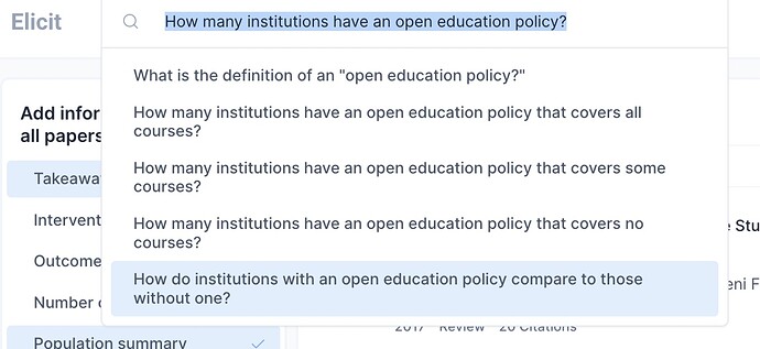 Query suggestions by Elicit include 5 more specific ones