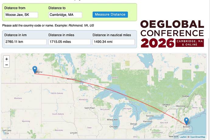 Web calculator showing map distance between  Moose Jaw, Canada and Distance to Cambridge. Results are 2760 kilometers or 1715 miles.