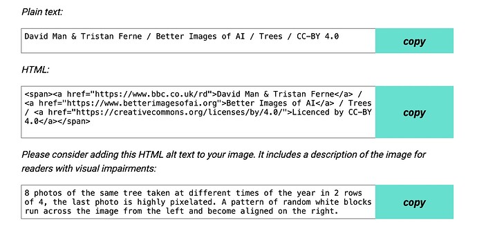 Example attribution screen for the image above, a plaint text and HTML attribution statement plus the alt text used above as well for this image