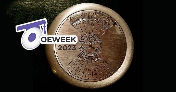 A handy 50 year calendar useful for any month in 2006-2055, with the OEWeek 2023 logo superimposed on top