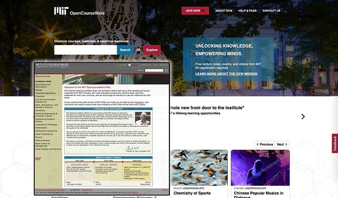 MIT OCW web sites comparing an inset of what it looked like in 2002 and what it looks like currently in 2026