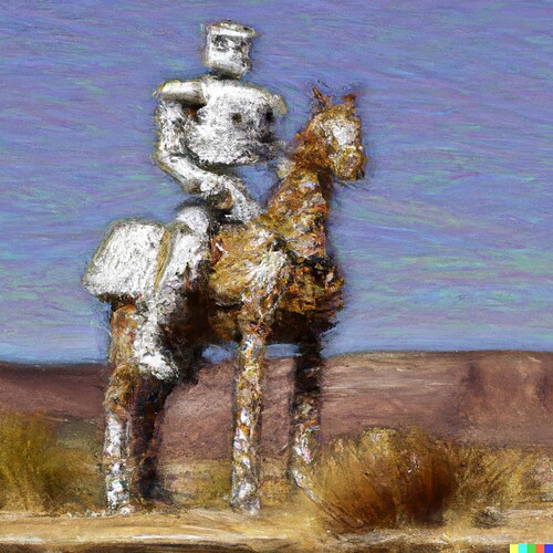 DALL·E generated image from prompt --  robot sitting on a horse on a western plain Impressionist style