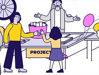 cartoon figures standing around a table labeled Projects