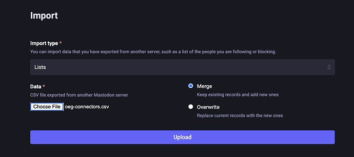 Mastodon Import screen for a list import