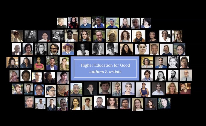 Icons of many diverse people listed as Higher Education for Good authors and artists