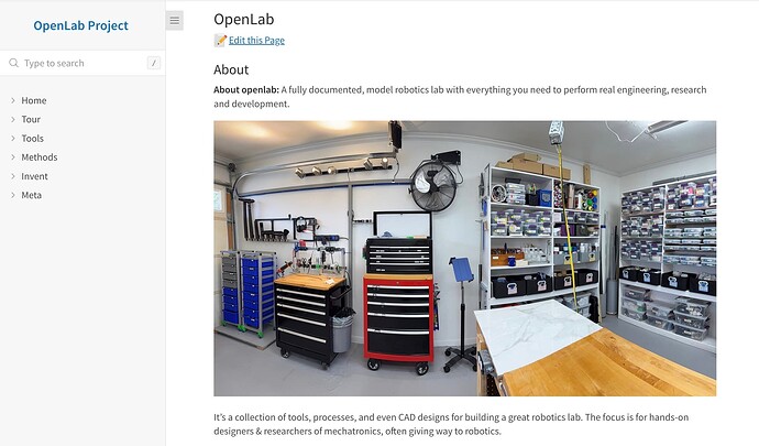OpenLab project site rendered in Docsify-This includes navigation links on left and photo of an engineering lab on right