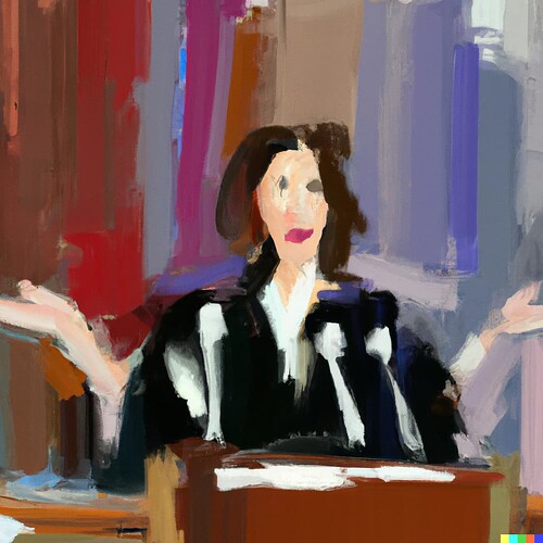 DALL·E 2024-02-02 16.42.21 - An abstract painting of a female  lawyer shrugging  in a courtroom