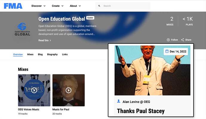Open education Global curator page at the Free Music Archive with a highlighted box showing the post Thanks Paul Stacey that includes the playlist curated for him