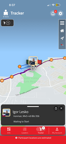 map of a race course along the edge of an ocean, one small loop of the track goes in the water. An icon of a man representing Igor is at the starting line.