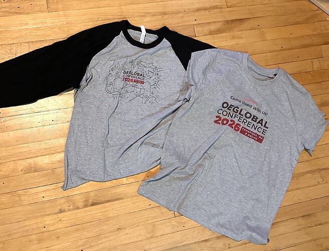 Two t-shirts displaying the conference logo and them laying on wood floor