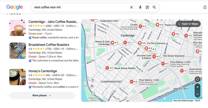Google Search result for best coffee near MIT with 3 listed on the left and many more as pins on a map to the right