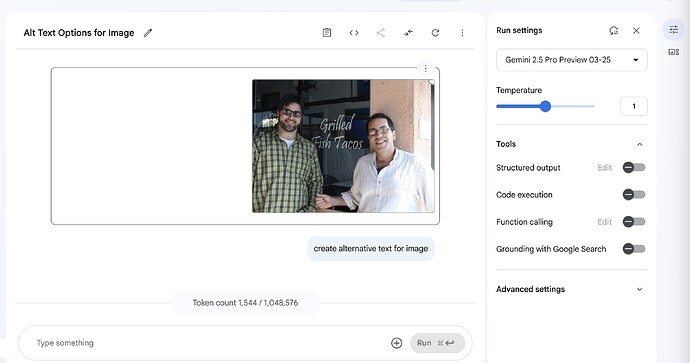 In Google AI Studio, a photo of two young men in front of a restarant is loaded, and the prompt reads "create alt text for image"