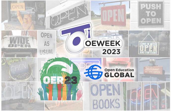 OEWeek 2023, OER23, and OEG logos superimposed in a grid of various photos each displaying a sign that reads "open"