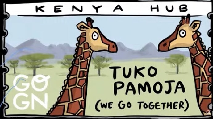Kenya GO-GN Hub cartoon style image with two giraffes facing each other on African plain and words Tuko Pamoja (we go together)