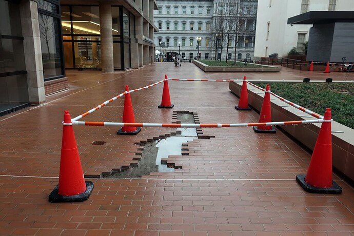 Small puddle circumscribed by bricks.