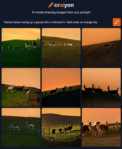 craiyon_111649_Twenty_llamas_racing_up_a_grassy_hill_in_a_fenced_in_nbsp__field_under_an_orange_sky