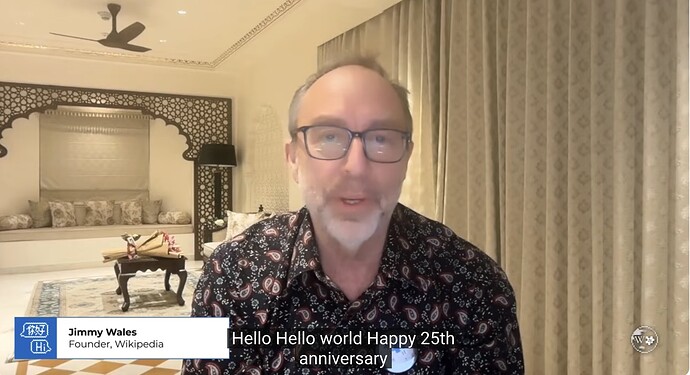 Grey beard man in a royal room greets with a happy anniversary message
