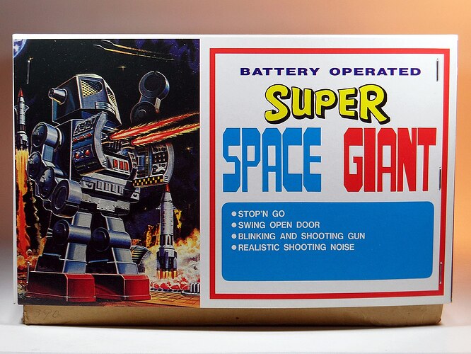 Packaging of a toy named "Super Space Giant" with an illustrated robot and descriptive text.