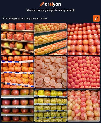craiyon response of 9 images, all of them fruit none cereal for the prompt - A box of apple jacks on a grocery store shelf