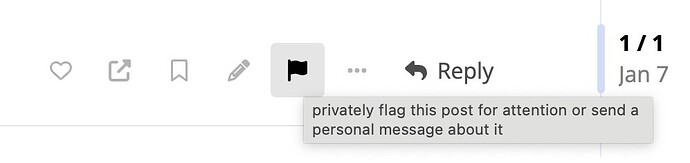 Row of icons with the black flag icon highlighted, the rollover text reads privately flag this post for attention or send a personal message about it