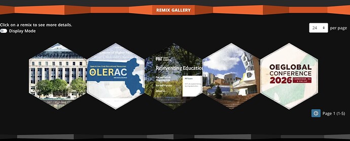 five patches hexagon shaped including the conference logo, a photo of the MIT Stata Center, the Open Leanring web site, the OERLAC logo, and the Samberg Center
