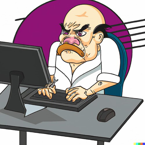 DALL·E 2generated image from prompt - A character from Grumpy Old Men sitting at a computer, scowling, artistic style