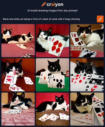 9 craiyon attempts of Black and white cat laying in front of a deck of cards with 2 kings showing