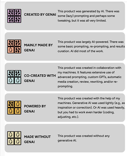 Vertical stack of four section icons from all code symbols at top - created by GenAI, to ones that have more of the quadrants filled by an icon representing human sweat- to Mainly Made by GenAI, Co-Created with GenAI, Powered by GenAI, to Made Without GenAI