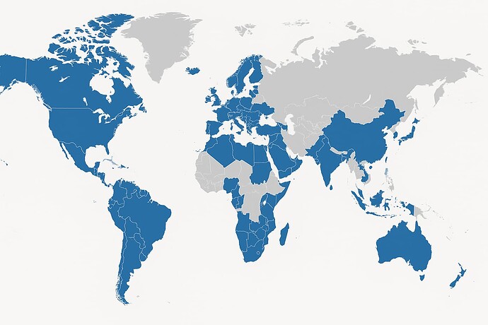 Map of world with many countries colored in