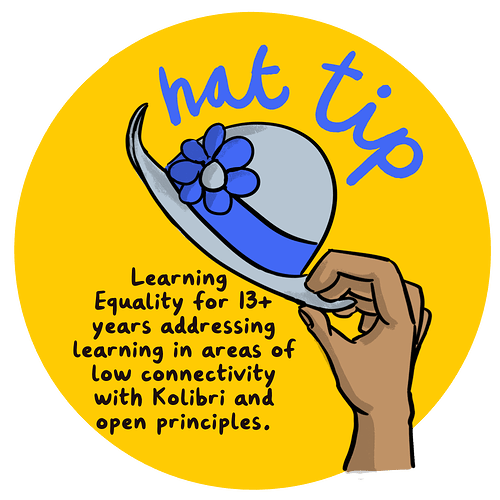 Hand lifting a flower adorned hat under cartoon style text Hat Tip with message Learning Equality for 13+ years addressing learning in areas of low connectivity with Kolibri and open principles.