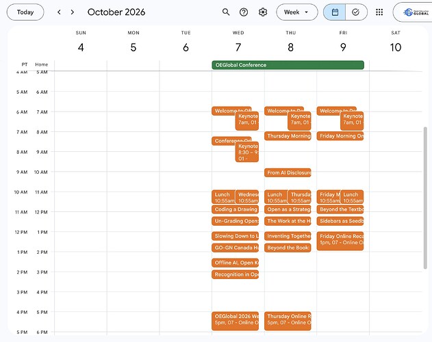 Google Calendar for 3 days of OEGlobal conference and many sessions scheduled for all three days, this person is busy!