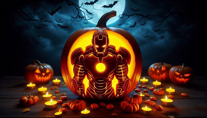 Scary menacing robot careved into a pumpking surrounded by small grinning pumpkins an candles. Bats fly overhead in front of a full moon