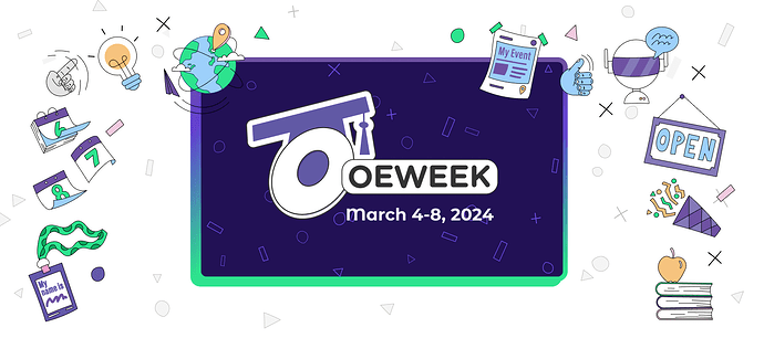 OE Week March 408, 2024 banner with bright icons around it